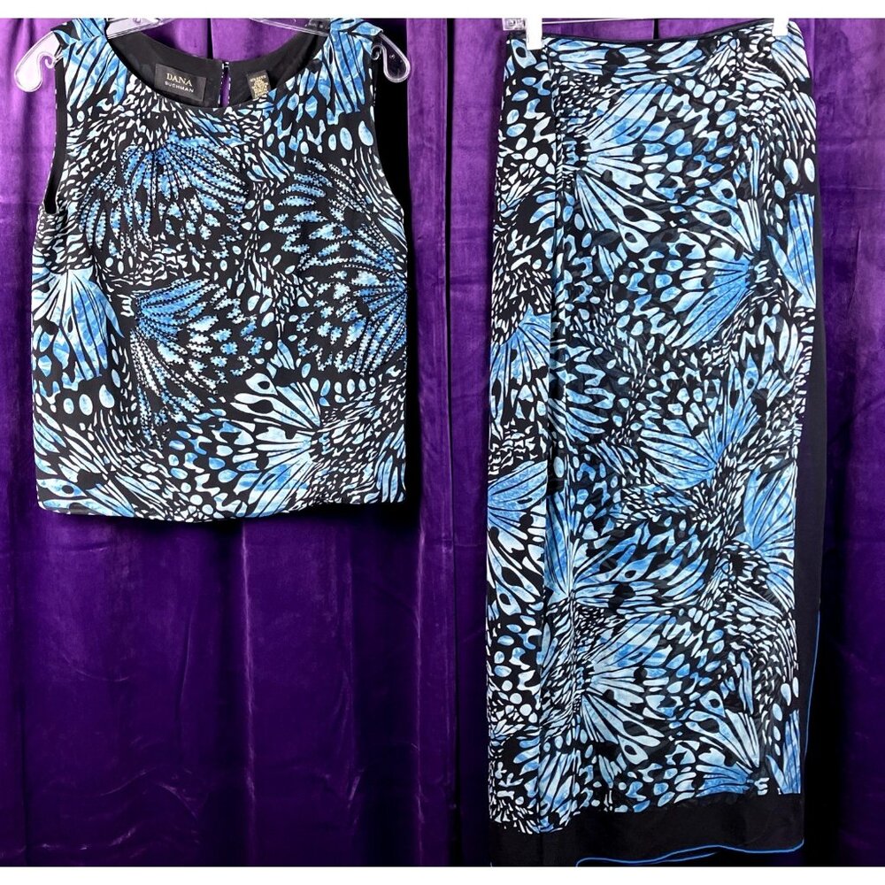 10 Dana Buchman Silk Monarch Butterfly Print Tank Wrap Skort Dress Set Blue